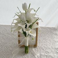Bouquet de mariée artificiel en PU effet naturel, lys calla et tulipes blanches, avec ruban en organza, pour séance photo de mariée