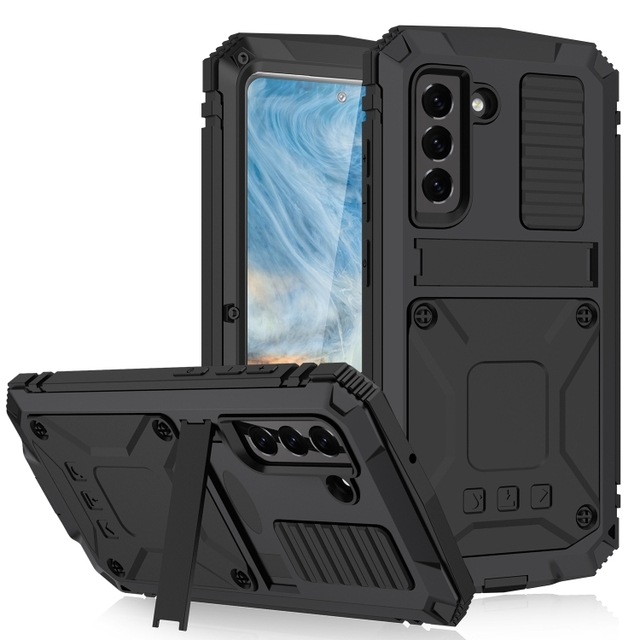 Hot Selling for Samsung Galaxy S21 FE R-JUST Rugged Phone Case with Holder(Black)