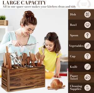 Support à couverts en bois d'acacia Yirilan pour comptoir de cuisine avec 4 compartiments, style rustique, conteneur de rangement 39,9x39,9x11,9cm - Product Image 5