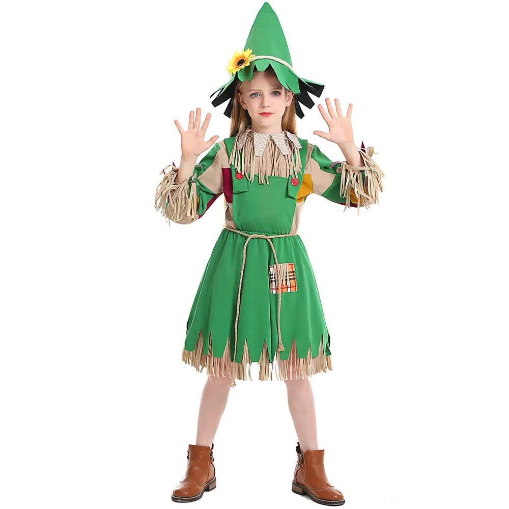 BAIGE 2024 nuovo arrivo bambini verde ragazza burattino vestito con Patch floreale bambola paglia Costume divertente per i bambini