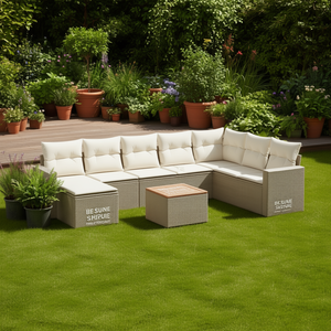 Beige Garden <b>Sofa</b> <b>Set</b> Outdoor Rattan Cushioned Contemporary Design - Product Image 2