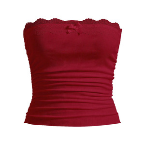 Peeqi, venta al por mayor, Tops cortos informales para mujer para verano, nuevo corsé plisado, Color sólido, <span class=keywords><strong>Camiseta</strong></span> corta <span class=keywords><strong>de</strong></span> retazos <span class=keywords><strong>de</strong></span> <span class=keywords><strong>encaje</strong></span> sin <span class=keywords><strong>tirantes</strong></span> para - Product Image 5
