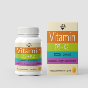 วิตามินดี3 + เค2 50000IU 200MCG แบบแคปซูล ยี่ห้อ OEM สำหรับผลิตภัณฑ์ฉลากส่วนตัว ช่วยเสริมสร้างความแข็งแรงของกระดูกและระบบภูมิคุ้มกัน บรรจุ 120 แคปซูล อาหารเสริม - Product Image 1