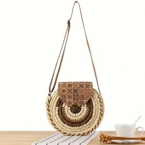 Literary Sen Eco-Friendly Woven Beach Tote <b>Bag</b> Crossbody Style with Round Cake <b>Straw</b> Embroidered Decoration Two Handles - Product Image 3
