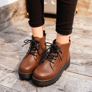 Popular estilo coreano con cordones suela gruesa punta redonda tacón bajo Slim Fit botas de mujer - Product Image 1