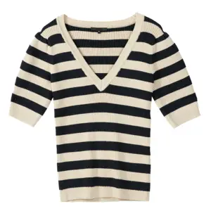 2024 Custom OEM ODM Ladies Luxury Elegant Spring Summer V Neck Short Sleeve Stripe Pullover With Lurex