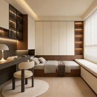 Ensemble de chambre à coucher moderne en bois avec lit de taille standard et rangements, options personnalisables pour hôtels et appartements