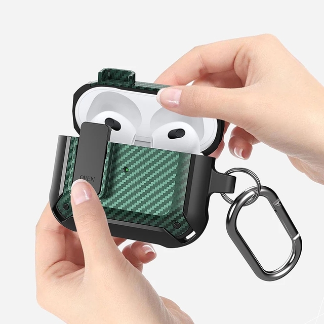Body  Earbuds Case TPU PC Protective Cover Shockproof Earphone  Case Carbon Fiber Pattern with Lock