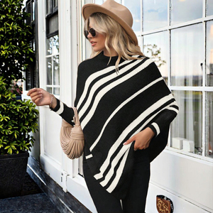 Pull en maille rayé à manches chauve-souris décontracté pour femmes, col rond, long, respirant, brodé, anti-froissement, polyester/<span class=keywords><strong>coton</strong></span> - Product Image 2