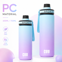 Bouteille d'eau sport PC dégradée en gros avec sangle de transport, légère, anti-fuite, pour la gym, le fitness, les activités de plein air et les voyages