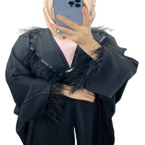 Dubai American <strong>UK</strong> O Man New Arrival <strong>Black</strong> Color Fabric Loose Size Feather Decoration Neck Cuff New Arrival Women <strong>Abaya</strong> - Product Image 1