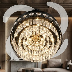 Premium LED <b>Ceiling</b> <b>Fan</b> <b>with</b> Crystal Chandelier Retractable Blades <b>Remote</b> Control Silent Motor Elegant Home Decor - Product Image 2