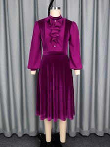 AM050621 Vintage colletto rialzato con bottone con volant manica lunga a linea viola <span class=keywords><strong>velluto</strong></span> <span class=keywords><strong>Midi</strong></span> formale da chiesa abito Casual da donna - Product Image 4