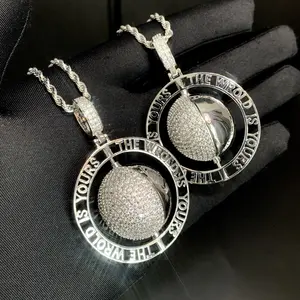 2023 Letter The World Is Yours Rhodium Plated Men Boy's Jewelry CZ Geometric Spinning Round Globe Hip Hop Pendant Necklace