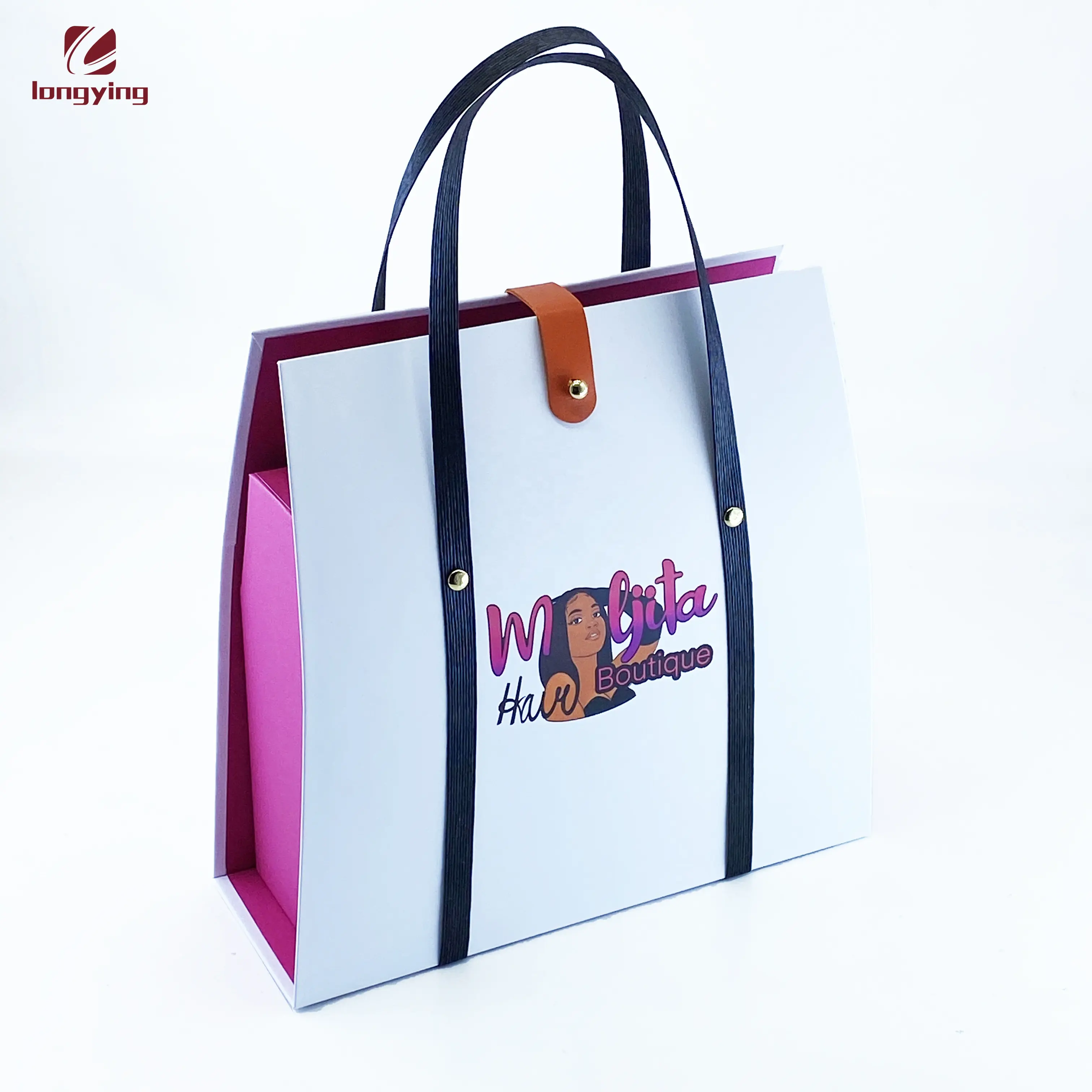 Unique design hair extension /wig boxes folding beauty box with leather handle hot pink paper boxes