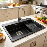 Évier de cuisine en granit composite personnalisé, évier de salle de bain en pierre de quartz à cuve unique, évier de cuisine à montage sur plan noir mat, évier de poste de travail de cuisine