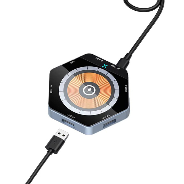 D1103 7 in 1 Type-C Hub Multiport Dock Station with 15W Wireless Charger USB3.0 Aluminum Alloy Charging PD Adapter