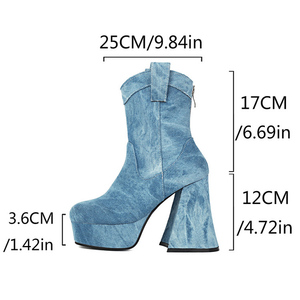 Women's High Chunky <b>Heels</b> Ankles Boots Cow Print Denim Shoes <b>Round</b> <b>Toe</b> Back Zipper Thick Platform Short Booties - Product Image 6