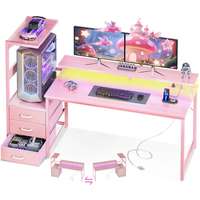 Escritorio Gamer Rosa con Puertos de Carga USB y Luz LED, Escritorio de Computadora Reversible Moderno con Cajones de Tela
