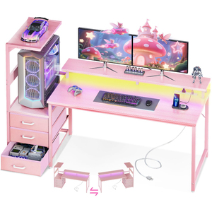 <span class=keywords><strong>Bureau</strong></span> de jeu rose <span class=keywords><strong>avec</strong></span> ports de charge USB et éclairage LED, <span class=keywords><strong>bureau</strong></span> d'ordinateur réversible, table de jeu moderne <span class=keywords><strong>avec</strong></span> tiroirs en tissu - Product Image 1