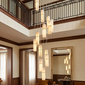 Lustre d'escalier réglable <span class=keywords><strong>en</strong></span> hauteur, laiton et albâtre, luxe italien, minimaliste, pour villa, salon, duplex, loft, projet hôtelier - Product Image 4