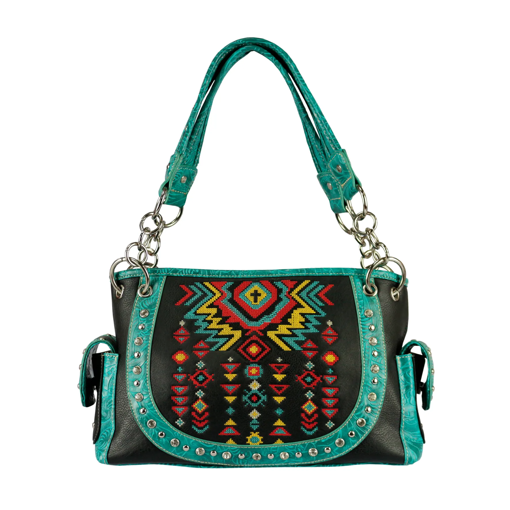 2022 Design Western Style Women's Handbag Bohemian Embroidery Tooled PU Leather Chain Handle Shoulder Bag Black