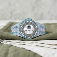 Montre-bracelet de luxe à quartz analogique en acier inoxydable, cadran foncé, entièrement sertie de pierres, bracelet à fermoir déployant pour LOISTA JEWELS