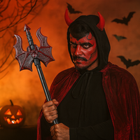 Dekorasi Halloween senjata simulasi Halloween senjata tombak setan Halloween untuk pertunjukan Cosplay merah hitam sayap kelelawar properti trisula