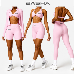 Conjunto <span class=keywords><strong>Deportivo</strong></span> de 4 Piezas para Mujer con Logotipo Personalizado BASHAsports, Chaqueta con Cremallera, <span class=keywords><strong>Sujetador</strong></span> <span class=keywords><strong>Deportivo</strong></span>, Pantalones Cortos con Efecto Push-Up, Leggings, Ropa Deportiva para Yoga y Fitness - Product Image 3
