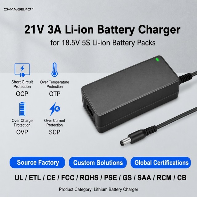21V 3A Lithium Battery Charger CC CV Charging Mode for 5S 18.5V 21V Li-ion Battery Packs 21V 3A Lithium Battery Charger