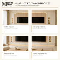 Meuble TV moderne en bois massif de style français, unité murale intégrée avec panneau en chêne clair, étagères de rangement et de présentation couleur ivoire, OEM ODM