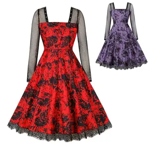 Malla de manga larga de encaje Retro Halloween vestido de las mujeres damas negro Rosa dibujo Swing Rockabilly Vestidos fiesta Navidad Vestidos