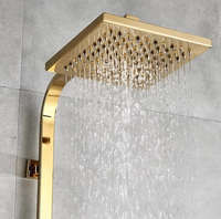 Colonne de douche murale dorée avec robinet, eau chaude et froide, pommeau de douche carré effet pluie, fonctions massage et pause, style européen, double fonction