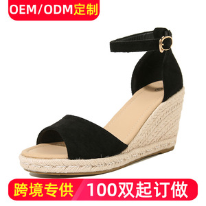 Unisex Wedges Sandals Open Toe Suede Back <b>Strap</b> <b>Buckle</b> Summer Breathable Straw Outsole - Product Image 5