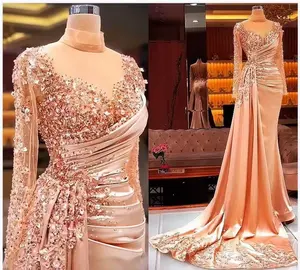 Glitter Luxury Evening Dresses Dubai Shiny Mermaid Side Split Long Sleeve Arabia 2024 Orange Party Gowns Prom Dress