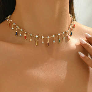 Japanese and Korean retro-style <b>light</b> luxury exquisite <b>rainbow</b> candy-colored square rhinestone pendant necklace, elegant and - Product Image 2
