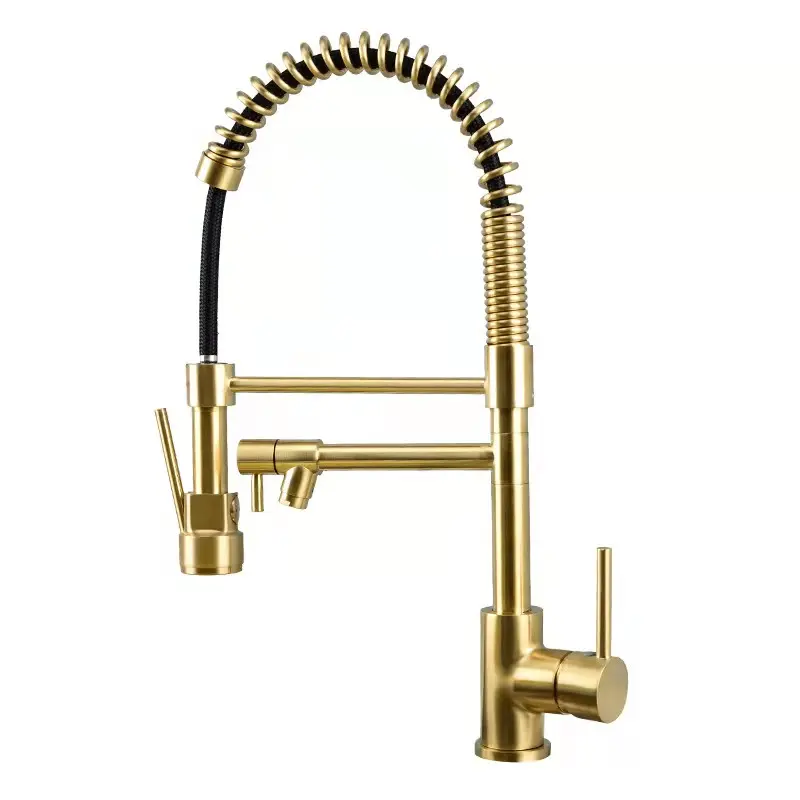 Grifo de latón para fregadero de cocina, rociador extraíble con resorte dorado de 3 vías, mezclador de agua fría y caliente Flexible