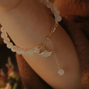 Imitation Natural White Jade Beads <b>Bracelet</b> for Women Round Ginkgo Leaf Pendant Handmade <b>Beaded</b> Crystal <b>Bracelet</b> for Women - Product Image 2