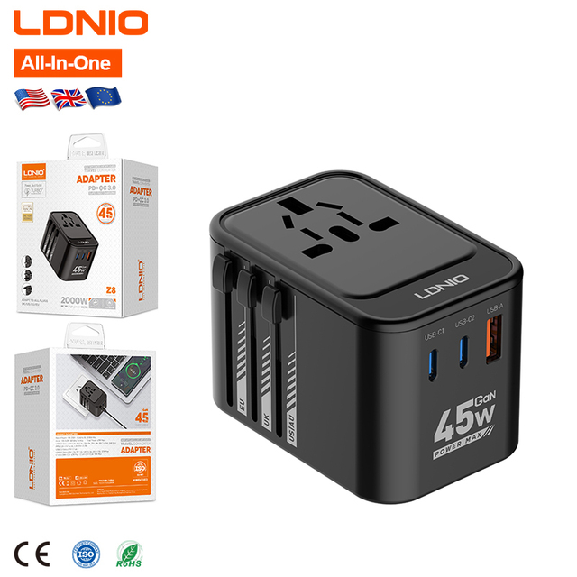 LDNIO Z8 GaN 45W Universal Adapter Wall Power Travel Adaptor Multi Plug Universal Travel Adapter Dual Type-C Travel Adapter
