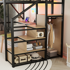 Metal Loft Bed with Desk and Storage <b>Shelves</b> Heavy Duty Freestanding Epoxy Coated Black Frame 4 Tier Grid Shelving <b>Unit</b> - Product Image 6