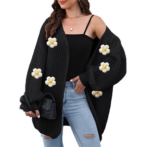 Promociones Calientes Otoño Cárdigan Holgado de Mujer Coreano de Poliéster con Diseño de Ciervo de Peluche, <span class=keywords><strong>Tejido</strong></span>, Manga Regular, Cuello en V y Flores de Ganchillo - Product Image 5