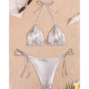 Traje de Baño Bikini Metálico Dorado de Lujo con Logotipo Personalizado del Fabricante, Traje de Baño de Dos Piezas para Mujer - Product Image 1