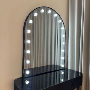 Black LED Vanity <b>Mirror</b> Table Makeup <b>Desk</b> Arched Hollywood Style Dressing Table with Drawers for Bedroom Salon - Product Image 6