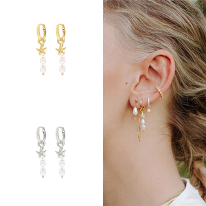 ROXI 2021 NOUVEAU Boucles d'oreilles pendantes en laiton, style français, luxe léger, rétro, mode, perle, étoile de mer - Product Image 3