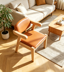 Fauteuil scandinave moderne en bois massif avec revêtement en cuir PU orange, chaise de loisirs rembourrée pour salon, mobilier de maison - Product Image 3