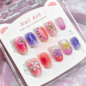 10 <span class=keywords><strong>Uñas</strong></span> Postizas Cortas <span class=keywords><strong>con</strong></span> Degradado <span class=keywords><strong>Rosa</strong></span> y Morado, Forma Ovalada XS, Diseño de Concha de Sirena, Brillantes y <span class=keywords><strong>con</strong></span> Purpurina - Product Image 1