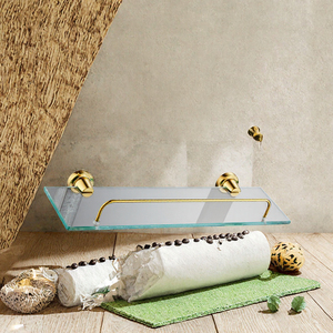 Étagère murale moderne en verre avec barre porte-serviettes dorée, accessoire de salle de bain rectangulaire - Product Image 3