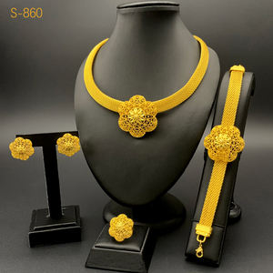 مجموعة مجوهرات فاخرة مطلية بالذهب ومطلية بالزهور قلادة وأقراط خاتم سوار يتضمن رائعة لحفل الزفاف والمناسبات الخاصة - Product Image 2