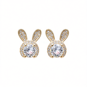 Orecchini a perno E1039 placcati oro a forma di coniglietto con strass di cristallo taglio brillante rotondo per donna, graziosi per l'uso quotidiano - Product Image 1