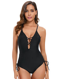 Nuevo traje de baño de una pieza triangular de color sólido europeo y americano para mujer, traje de baño sexy sin espalda con lazo recortado transfronterizo - Product Image 2